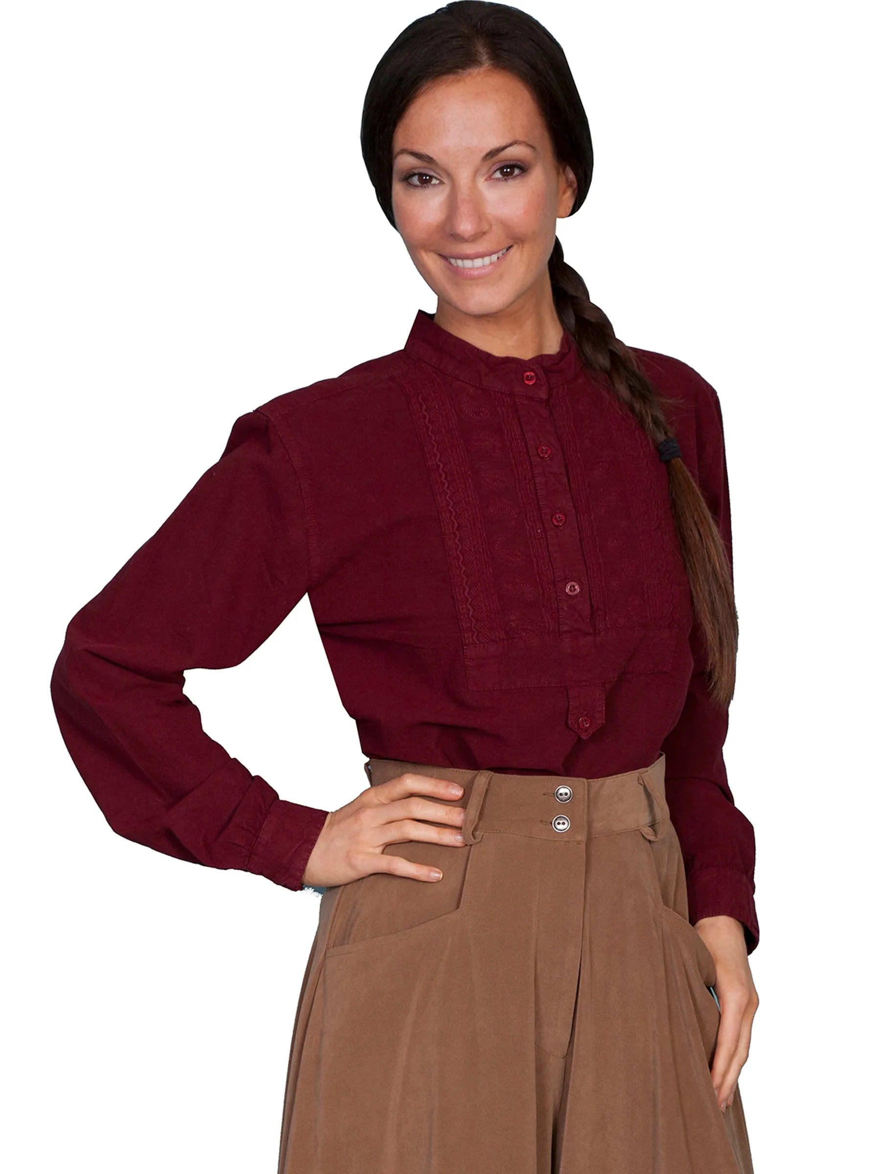 Scully RangeWear Womens Burgundy 100% Cotton Paisley Inset Bib L/S Blouse Reliable Layer