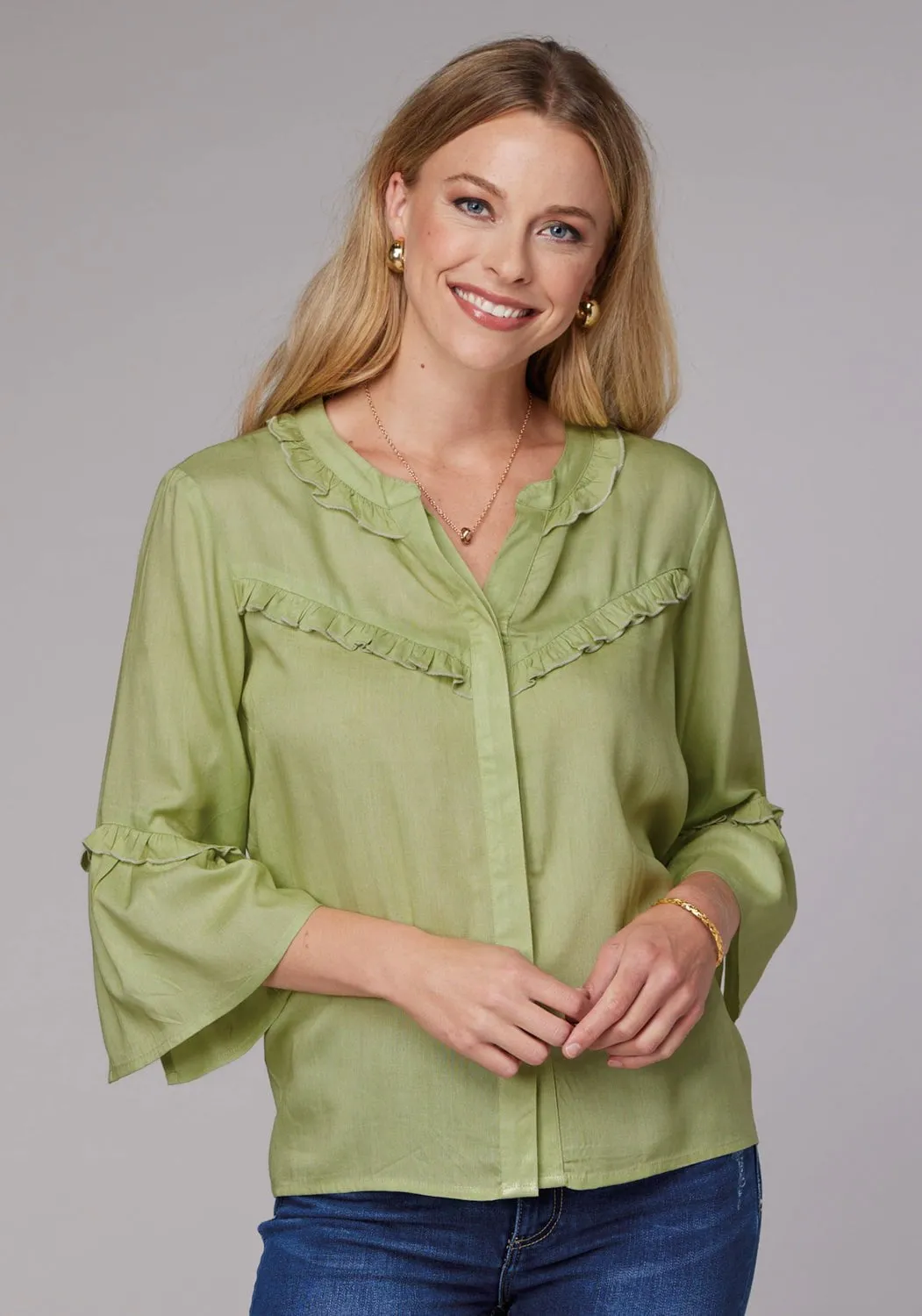 Roper Womens 2083 Feminine Challis Lime Green 100% Rayon L/S Blouse Lightweight Weave Edgy Fashion