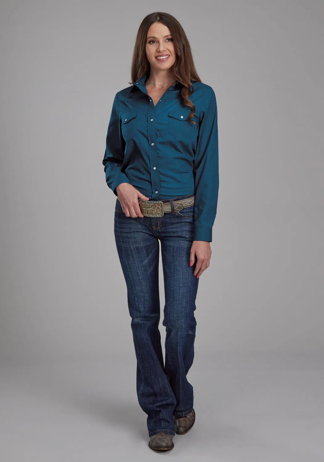 Roper Womens 2124 Broadcloth Blue Steel Cotton Blend L/S Shirt Minimal Look Cozy Fit