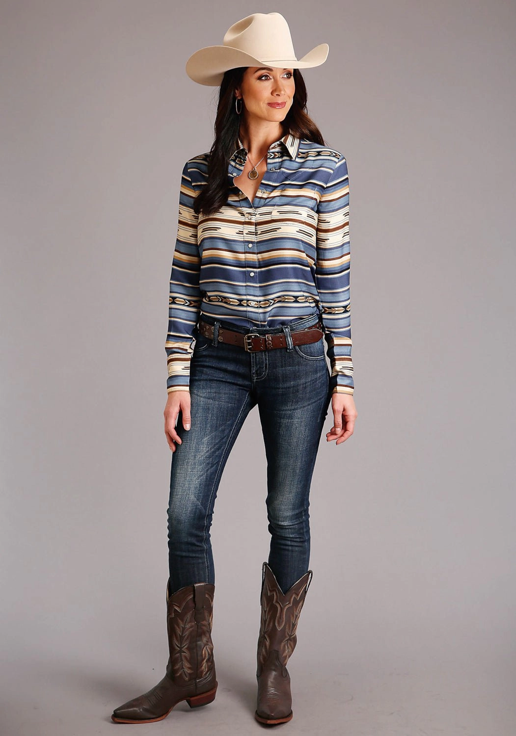 Casual Friday Parent Style Travel Outfit Stetson Womens Blue Rayon/Nylon Indigo Serape L/S Blouse