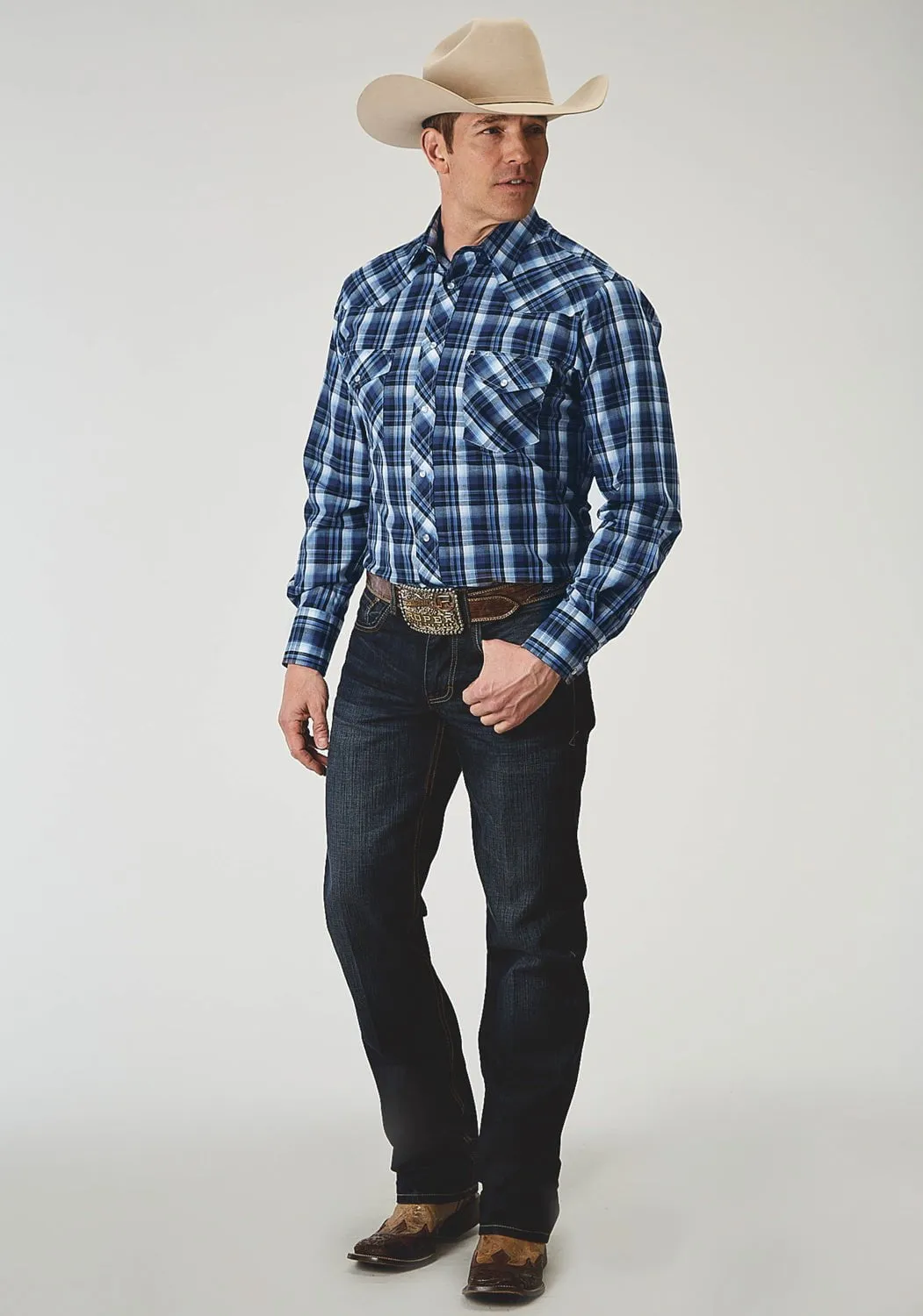 Roper Mens 1975 Midnight Plaid Blue Cotton Blend L/S Shirt High-End Fashion