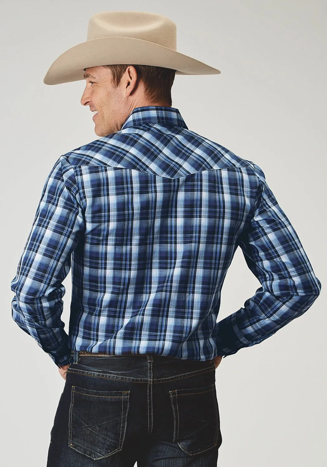 Roper Mens 1975 Midnight Plaid Blue Cotton Blend L/S Shirt Stylish Appearance Fall Foliage