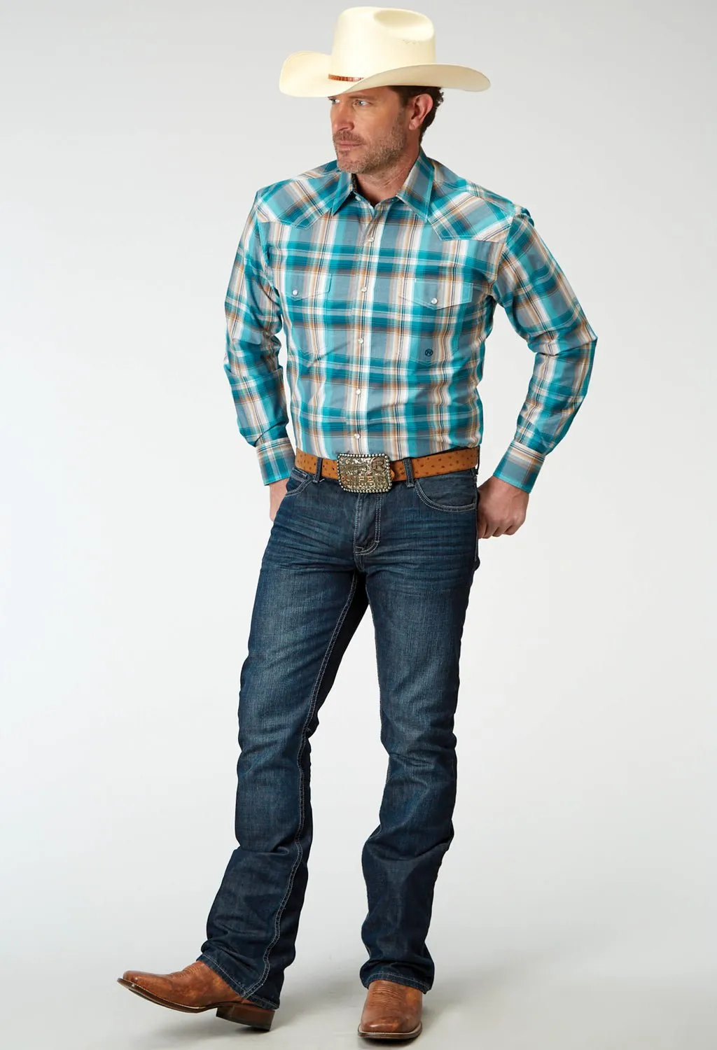 Sporty Design Sophisticated Style Roper Mens Tall Waters Edge Plaid Multi-Color 100% Cotton L/S Shirt