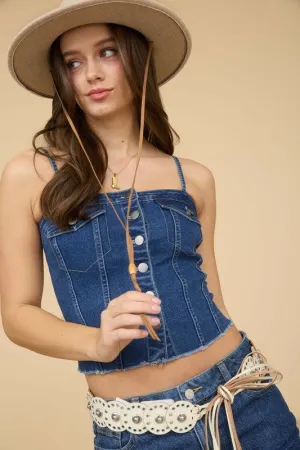 Lightweight Feel Jamie Button Front Spaghetti Strap Denim Top Jamie Button Front Spaghetti Strap Denim Top Road Trip Affordable