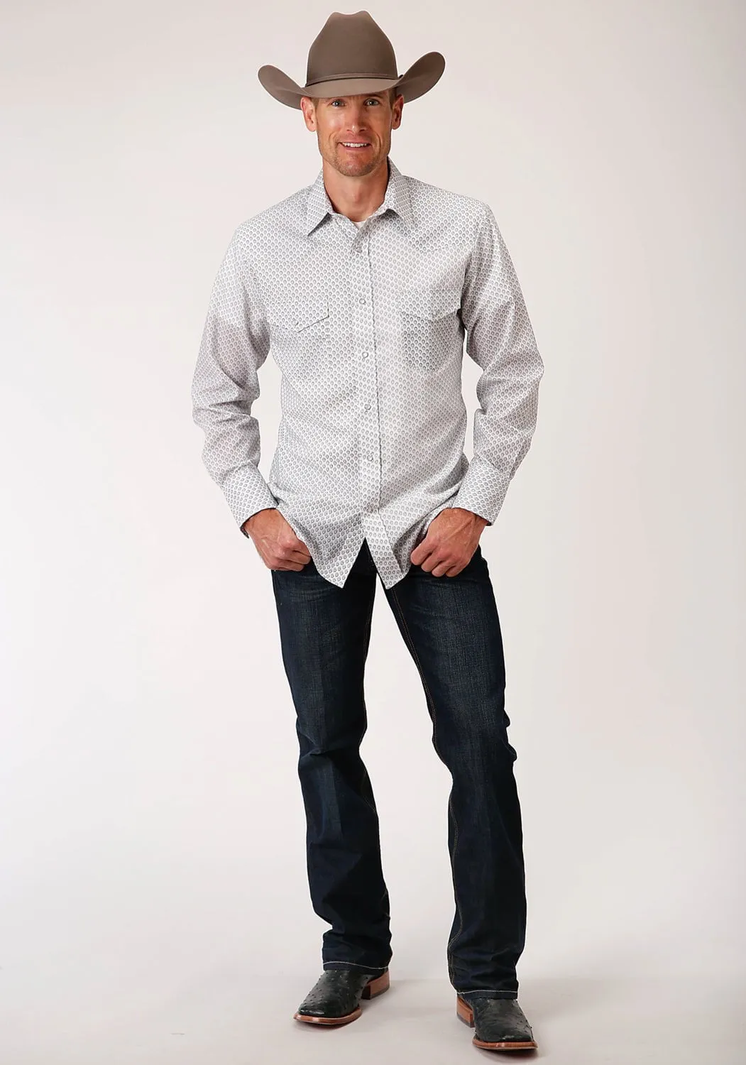 Sleek Style Stretch Fit Technology Roper Mens Black/Grey Cotton Blend Teardrop L/S Shirt