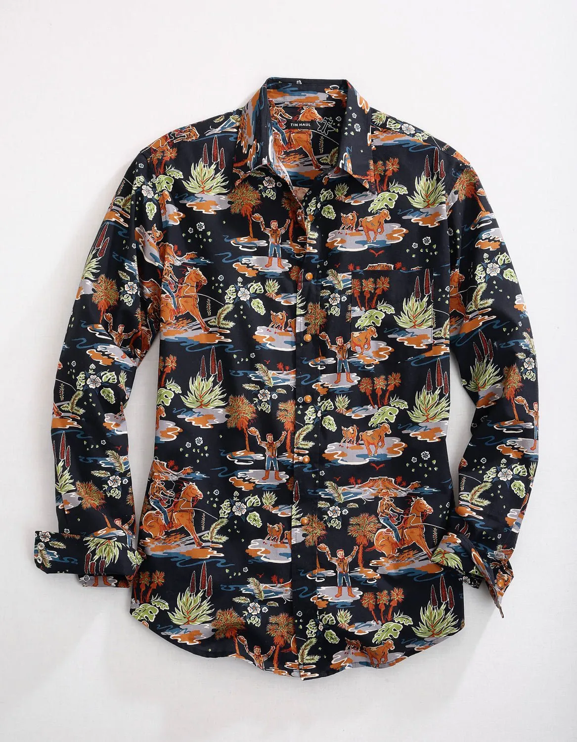 decorative element Festival Fashion Tin Haul Mens Black 100% Cotton Hawaiian Rodeo L/S Shirt