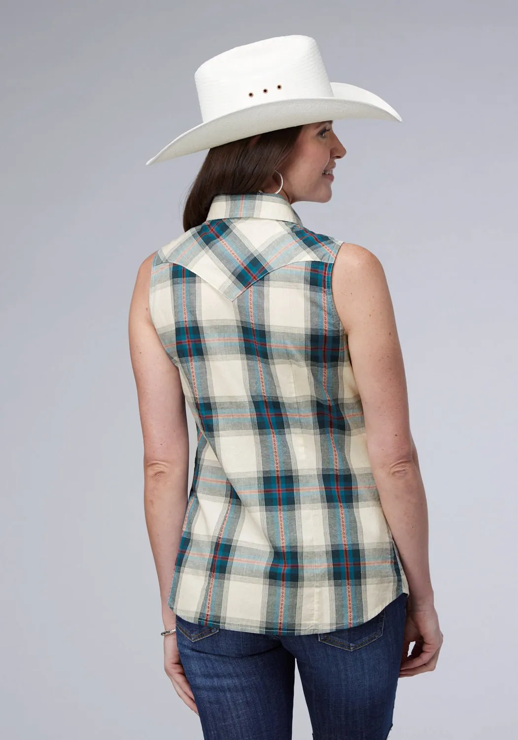 Roper Womens 2006 Tile Plaid Multi-Color 100% Cotton S/L Shirt Flatlock stitching