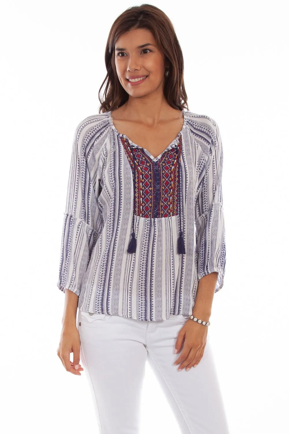Scully Womens Navy Rayon Geo Peasant S/S Tunic Go To Look