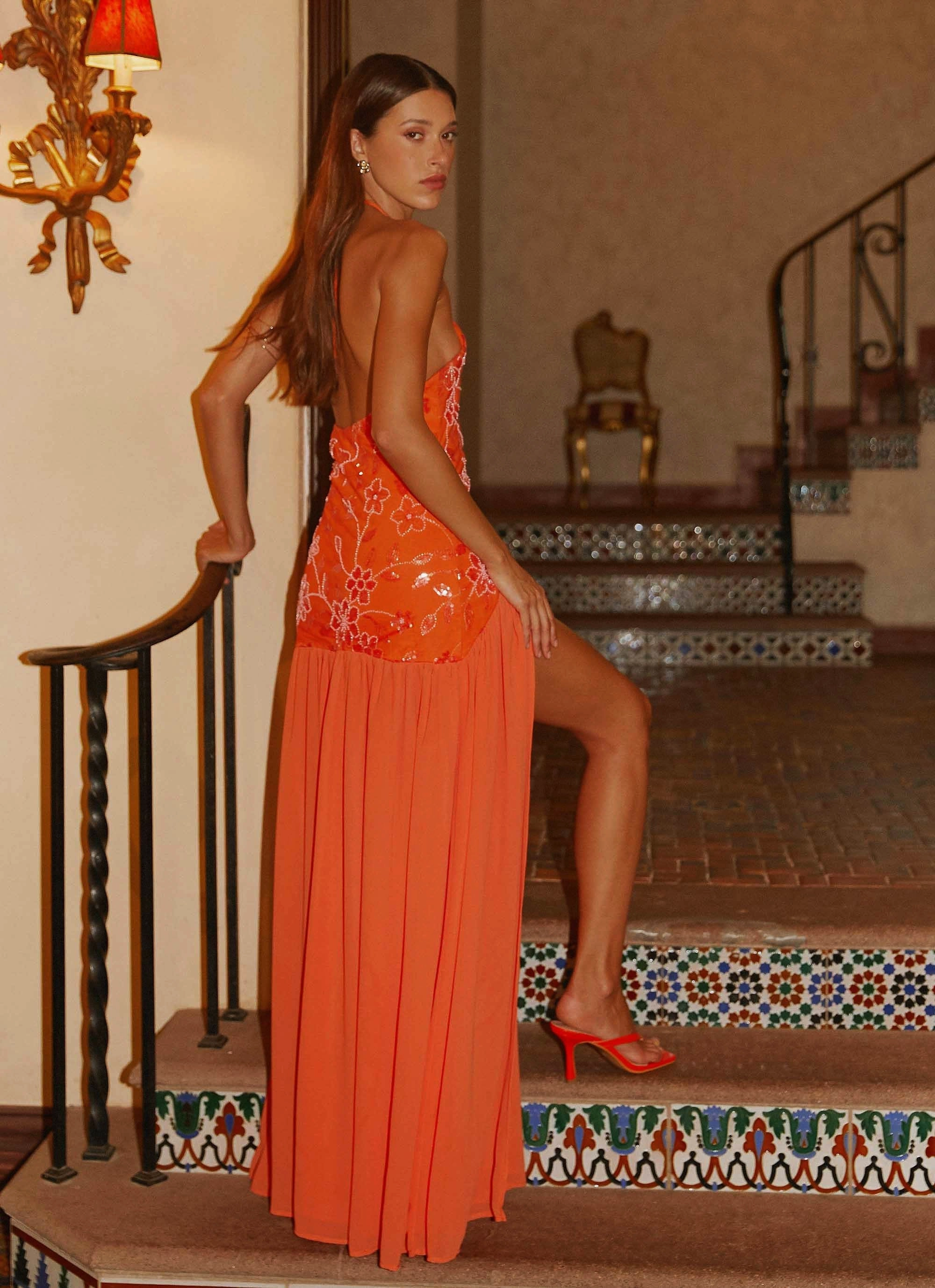 Janelle Beaded Maxi Dress - Orange Contrast-Piping