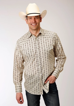Lightweight Wear Roper Mens Cream/Brown Cotton Blend Wallpaper L/S Tall Shirt Roper Mens Cream/Brown Cotton Blend Wallpaper L/S Tall Shirt High Neck Contemporary Look