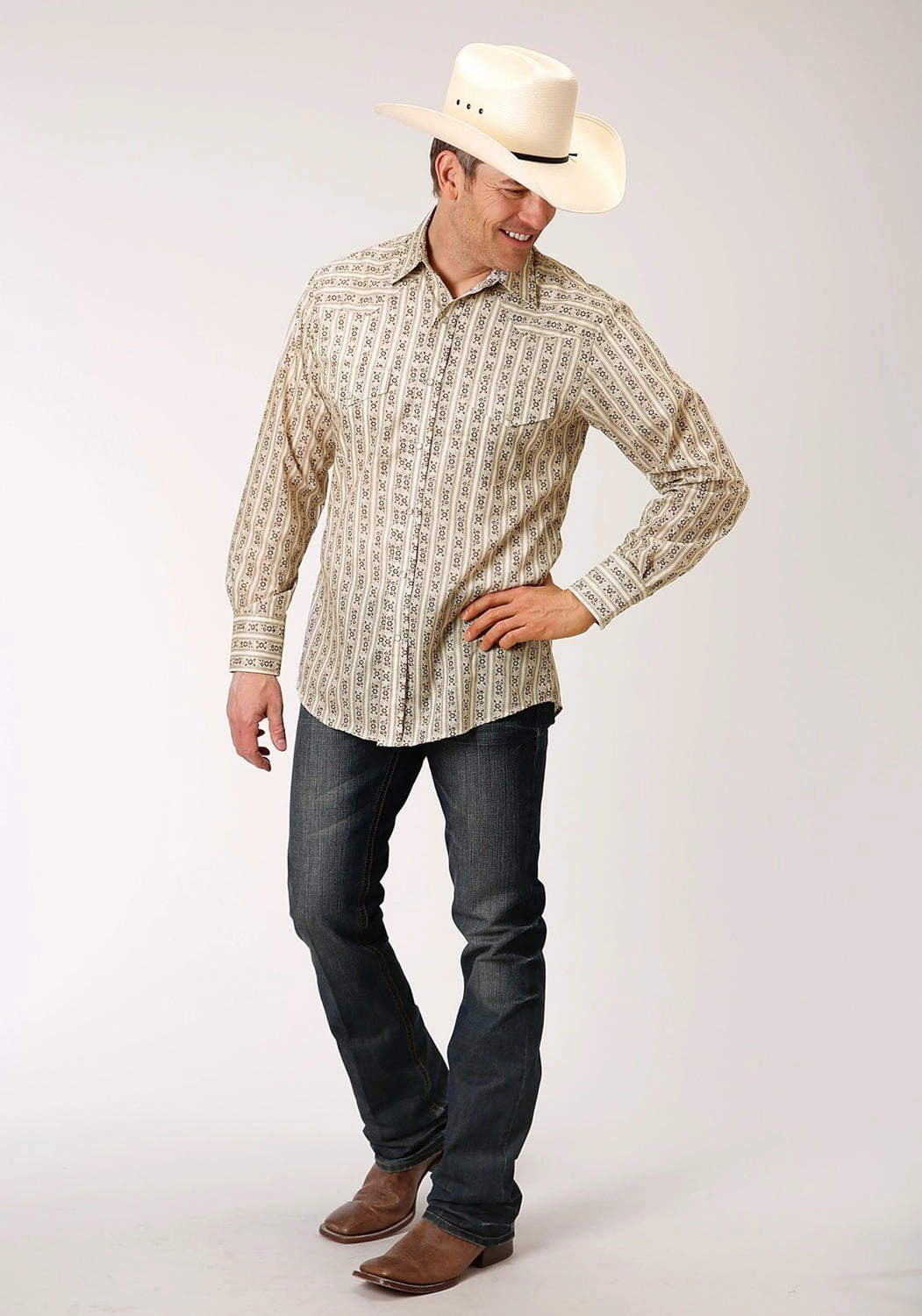 Roper Mens Cream/Brown Cotton Blend Wallpaper L/S Tall Shirt Night Out