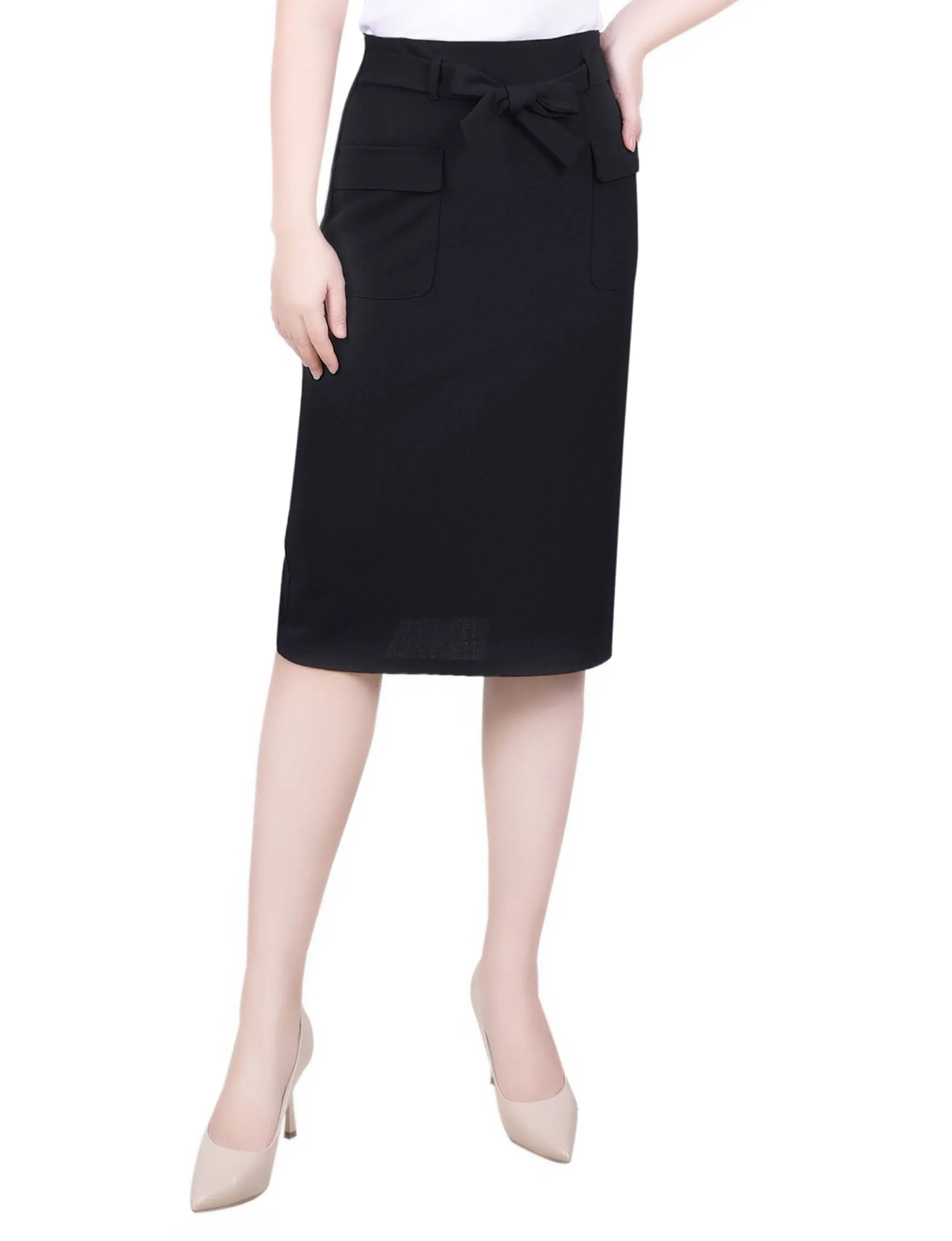 Petite Slim Belted Scuba Crepe Skirt Brunch Outfit