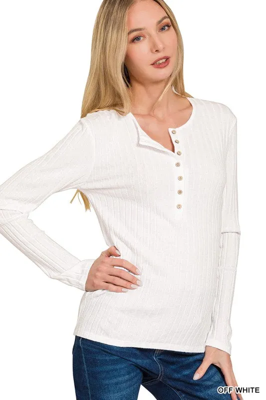 Lilah Ribbed Long Sleeve Button Down Top FlexibleCollarOptions Eco Certified Textile