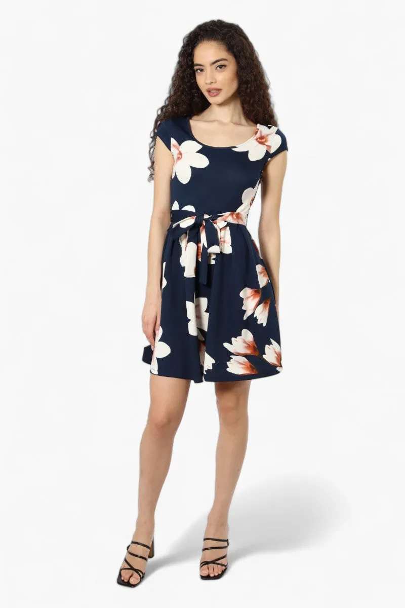 Limite Belted Floral Cap Sleeve Day Dress - Navy