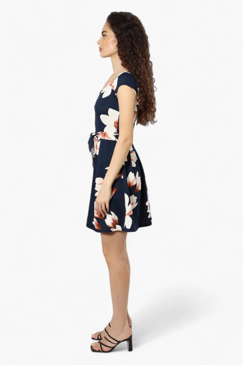 Limite Belted Floral Cap Sleeve Day Dress - Navy