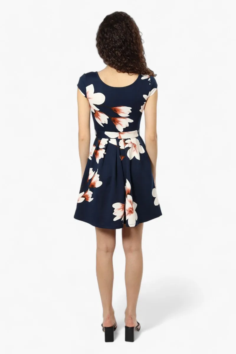 Limite Belted Floral Cap Sleeve Day Dress - Navy