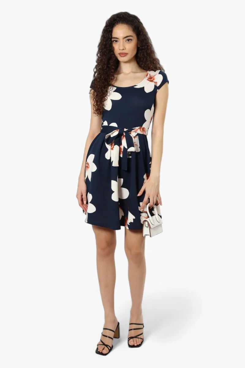 Limite Belted Floral Cap Sleeve Day Dress - Navy