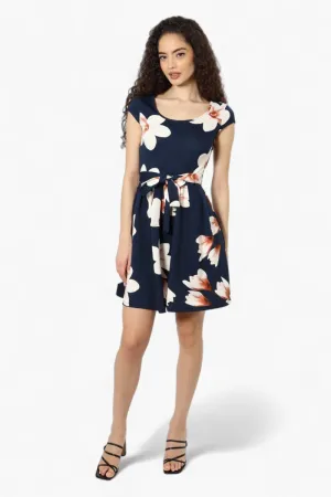 Limite Belted Floral Cap Sleeve Day Dress - Navy