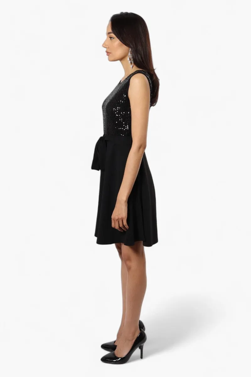 Limite Belted Sequin Top Skater Day Dress - Black