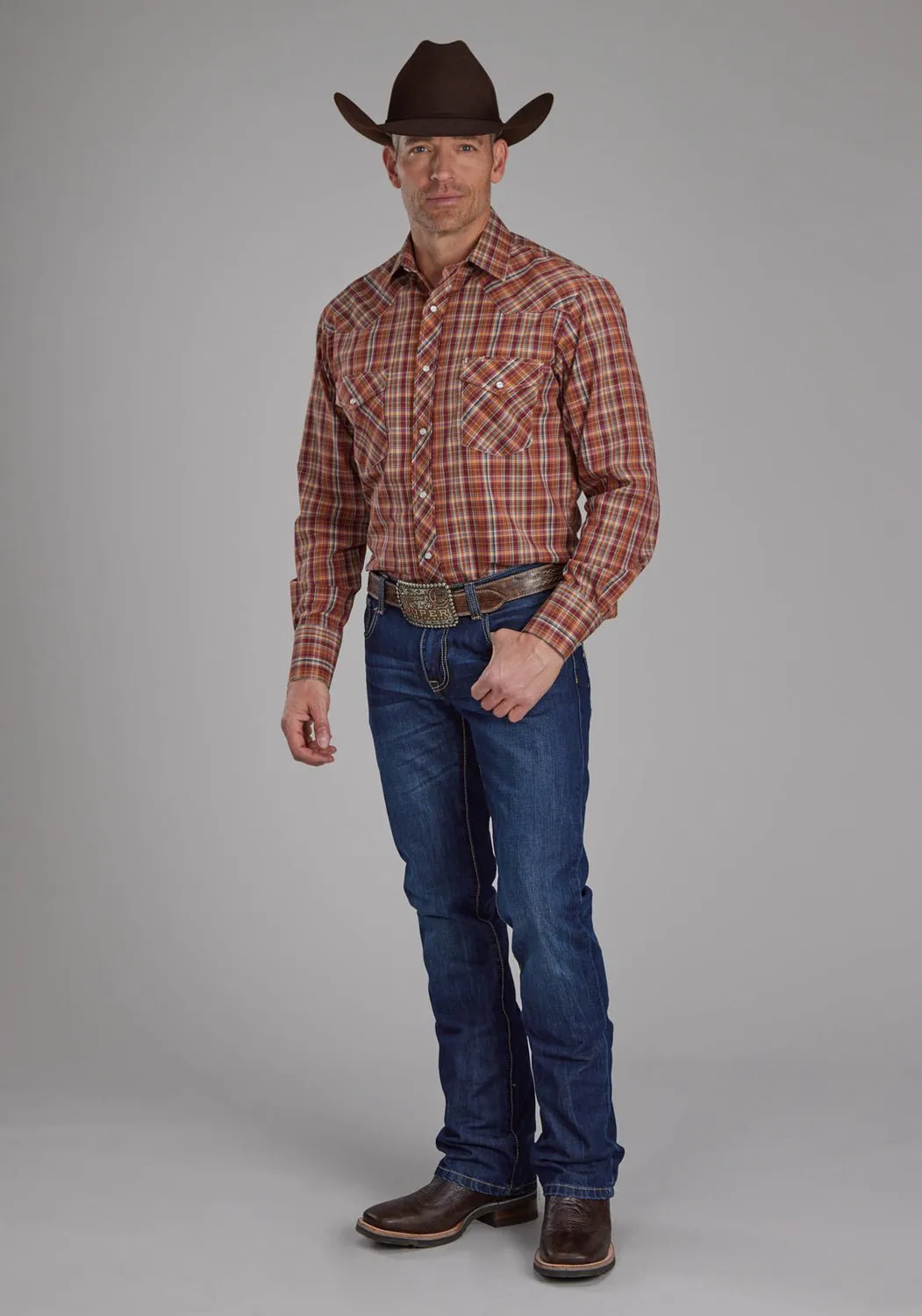 EasyCare Fabric Wrinkle Resistant Finish Roper Mens 2110 Tall Plaid Wine/Yellow Cotton Blend L/S Shirt