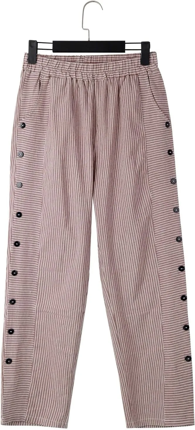 Linen Pants Women Linen Striped Elastic Waist Side Back Four Pockets 9/10 Loose Drawstring Elastic Waist Cropped Trouser