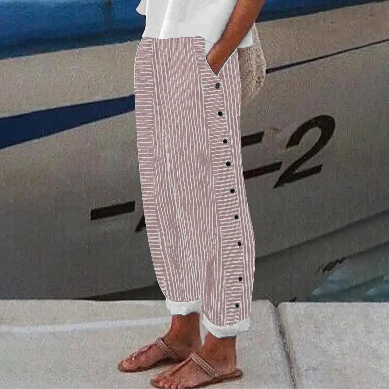 Linen Pants Women Linen Striped Elastic Waist Side Back Four Pockets 9/10 Loose Drawstring Elastic Waist Cropped Trouser