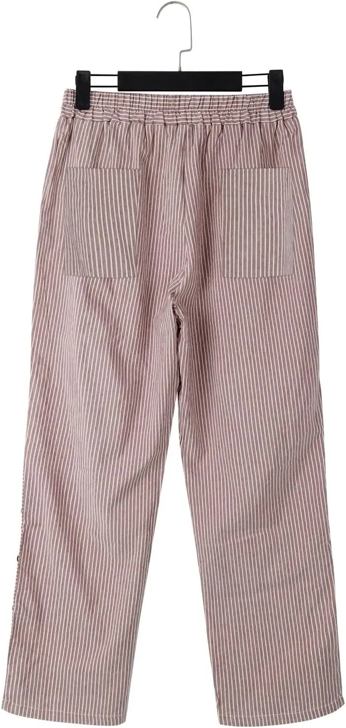 Linen Pants Women Linen Striped Elastic Waist Side Back Four Pockets 9/10 Loose Drawstring Elastic Waist Cropped Trouser