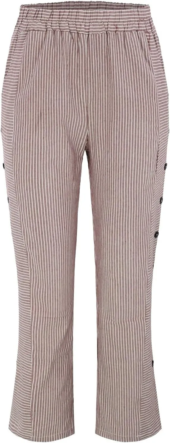 Linen Pants Women Linen Striped Elastic Waist Side Back Four Pockets 9/10 Loose Drawstring Elastic Waist Cropped Trouser