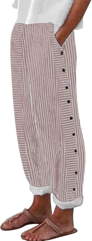 Linen Pants Women Linen Striped Elastic Waist Side Back Four Pockets 9/10 Loose Drawstring Elastic Waist Cropped Trouser