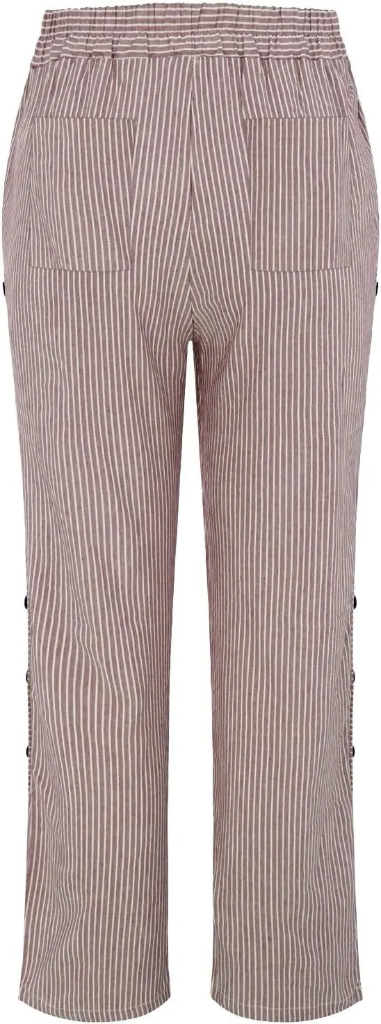 Linen Pants Women Linen Striped Elastic Waist Side Back Four Pockets 9/10 Loose Drawstring Elastic Waist Cropped Trouser