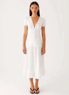 London Midi Dress - White Flocked Detail Everyday Piece Relaxed Waist Fit London Midi Dress - White