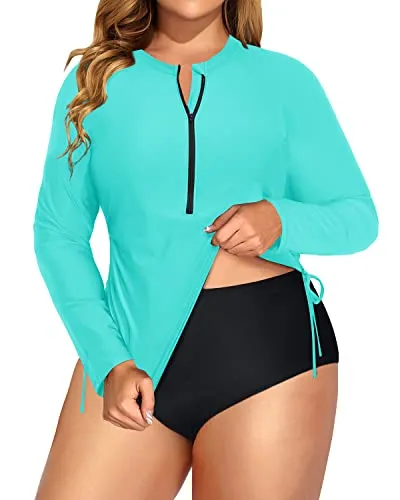 Long Sleeve Plus Size Two Piece Rash Guard Upf 50  Swimsuit With Bottom-Aqua And Black