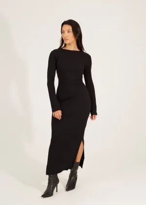 LONG SLEEVE RIBBED MAXI DRESS WITH SLIT DETAIL