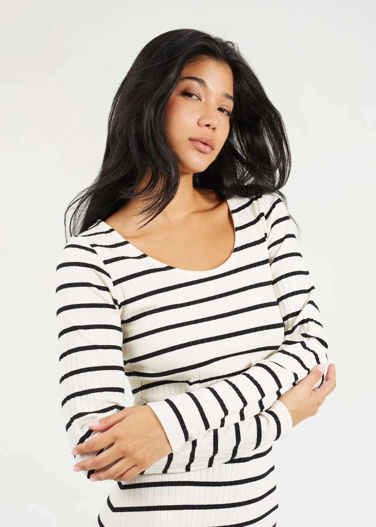 LONG SLEEVE STRIPED MIDI DRESS