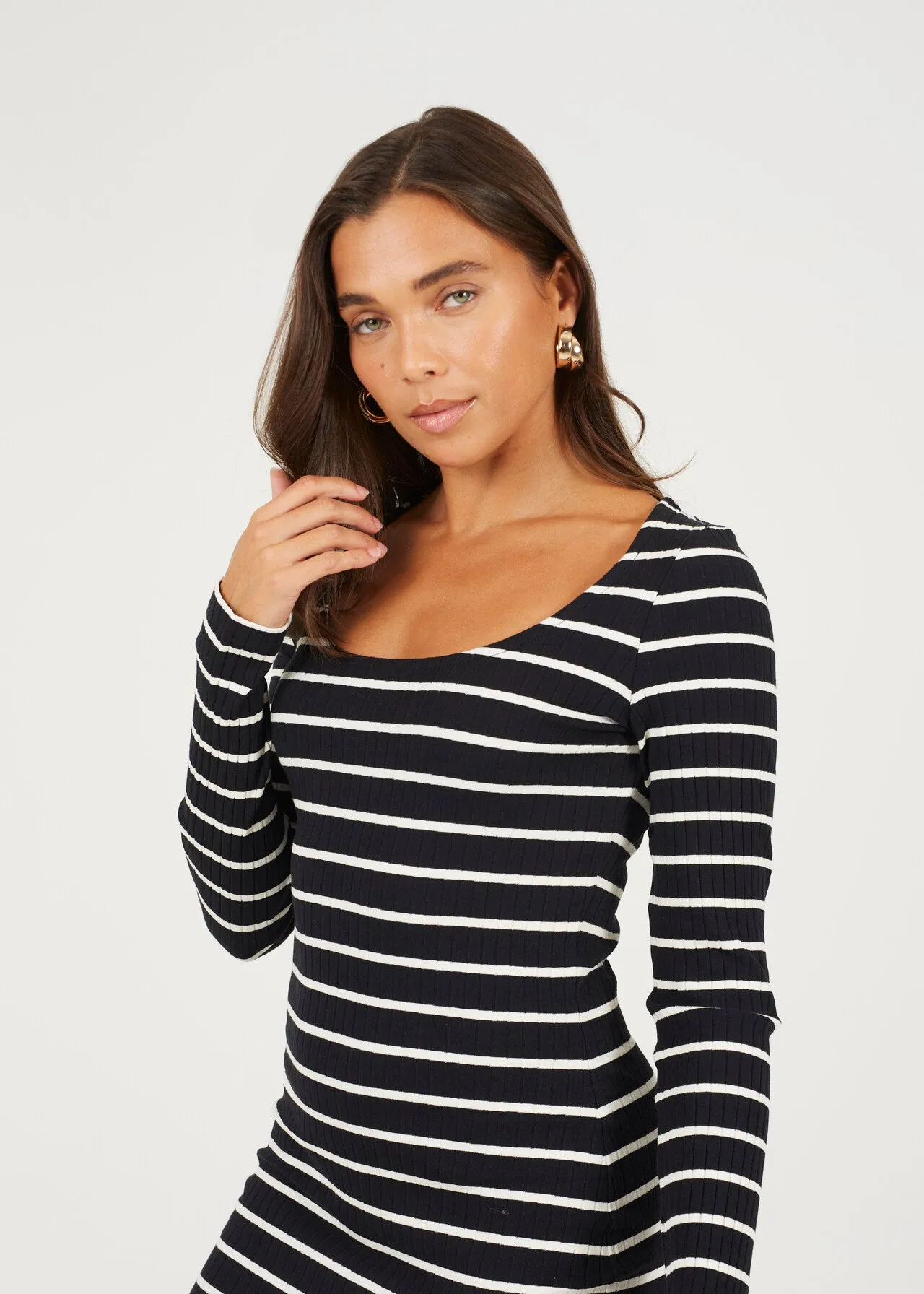 LONG SLEEVE STRIPED MIDI DRESS