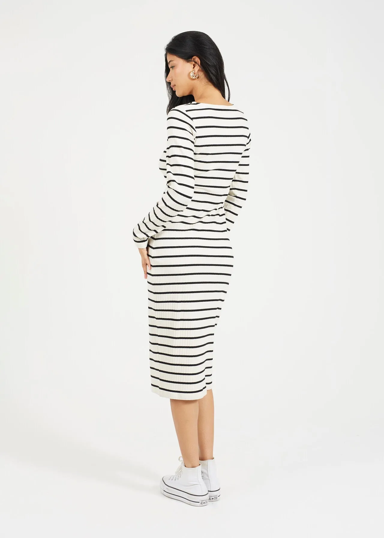 LONG SLEEVE STRIPED MIDI DRESS