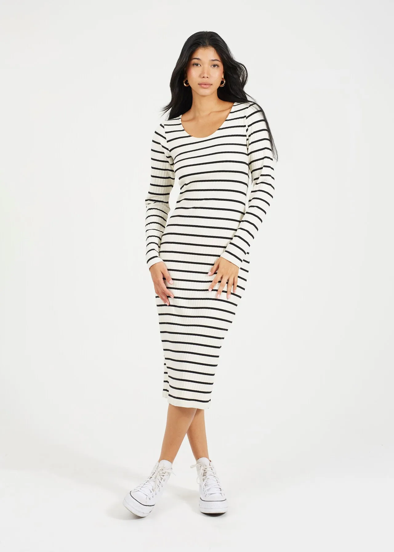 LONG SLEEVE STRIPED MIDI DRESS