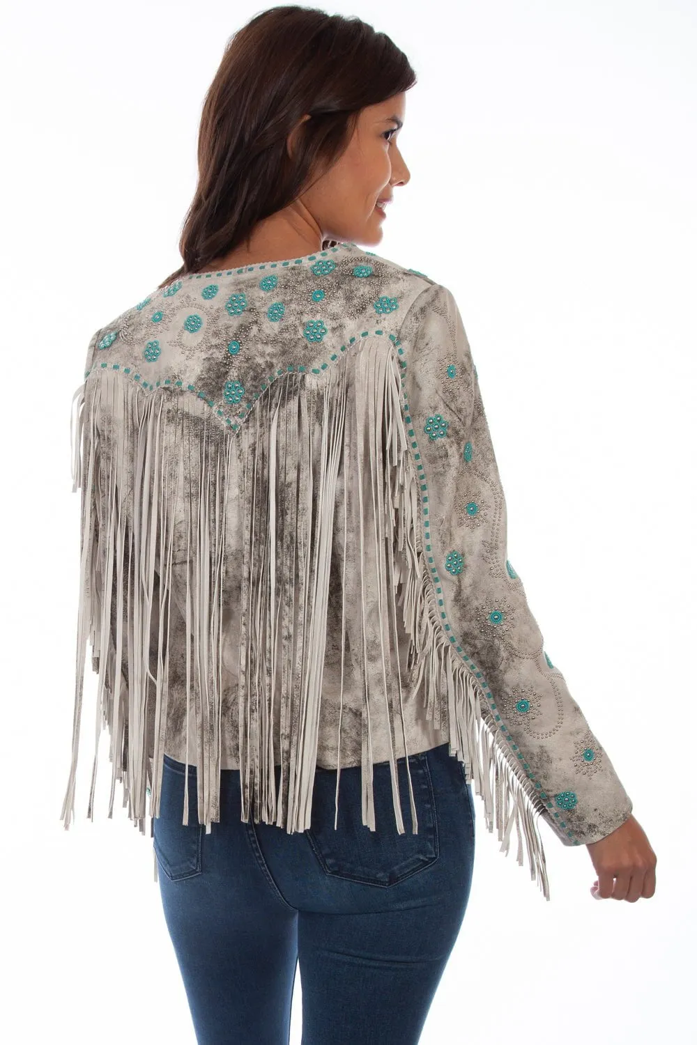 Cool And Simple City Ready Scully Womens Vintage Cream Lamb Leather Turquoise Bead Jacket
