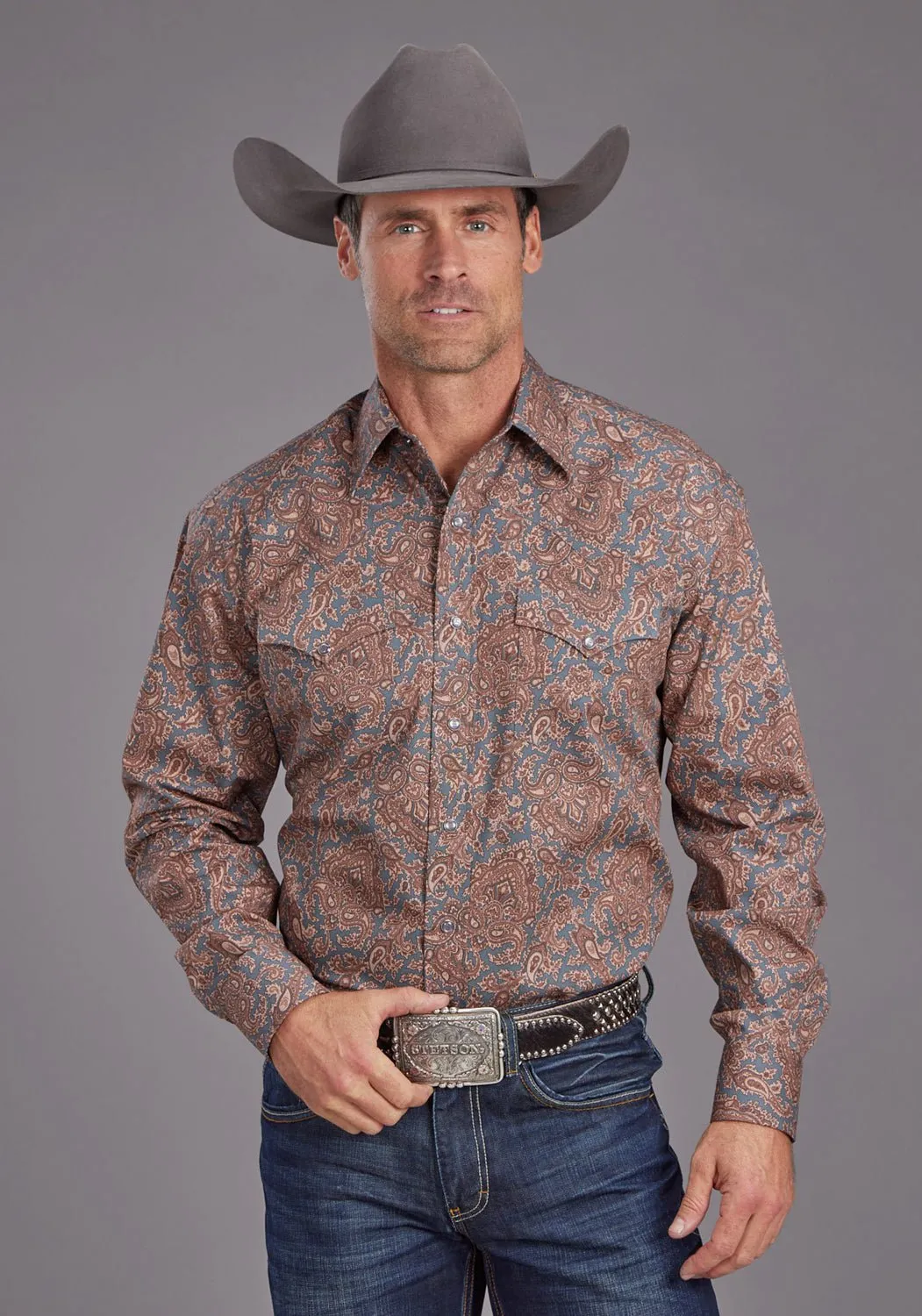 Flatlock stitching Contemporary Look Stetson Mens Copper Paisley Brown 100% Cotton L/S Shirt