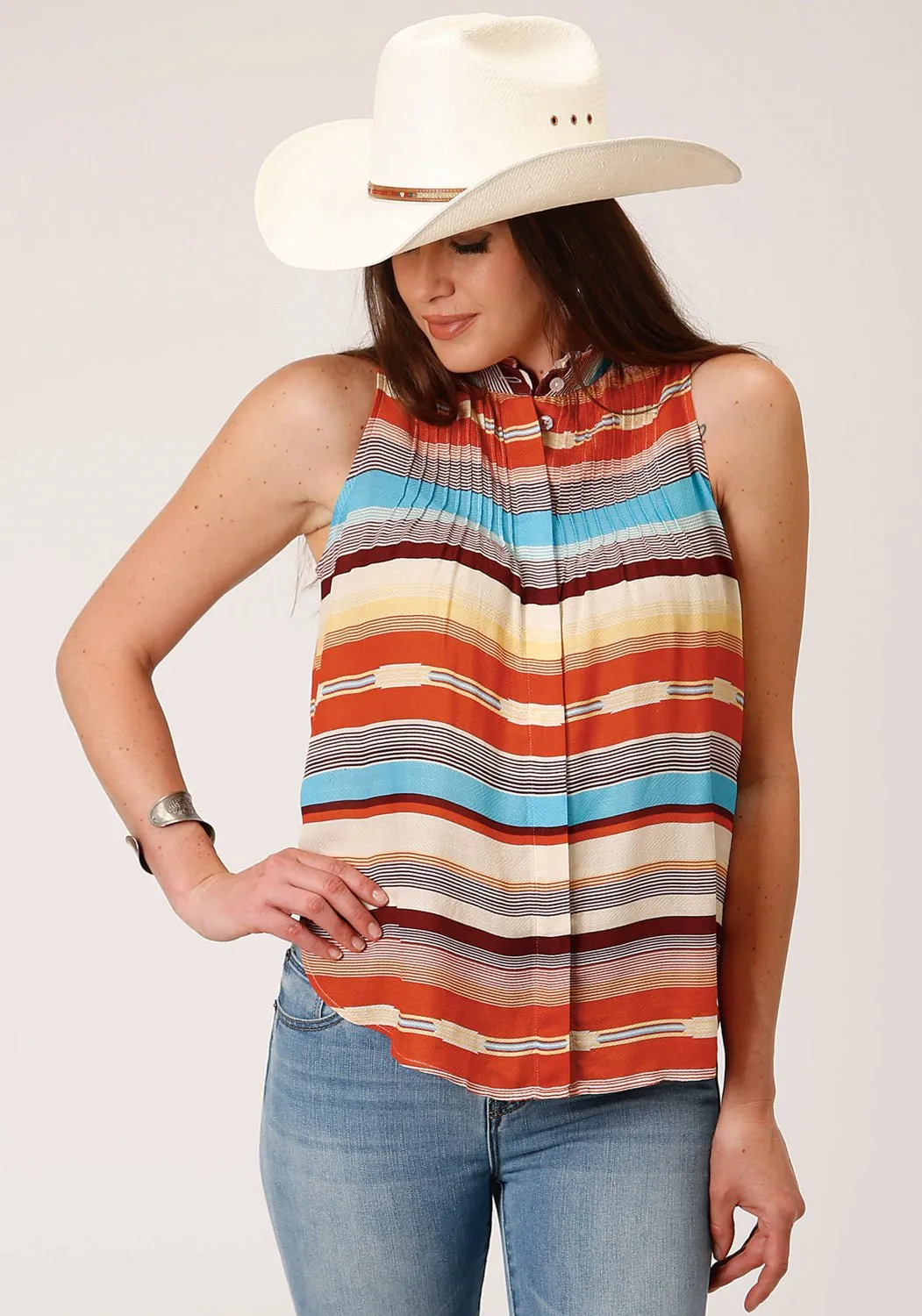 Stetson Womens Sunset Serape Multi-Color 100% Rayon S/L Blouse Earthy Palette Reinforced Seams