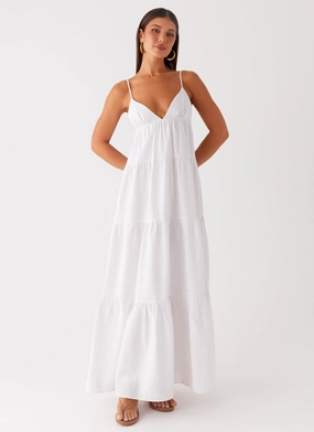 Lotty Linen Maxi Dress - White Classic Silhouette Vintage Style Lotty Linen Maxi Dress - White