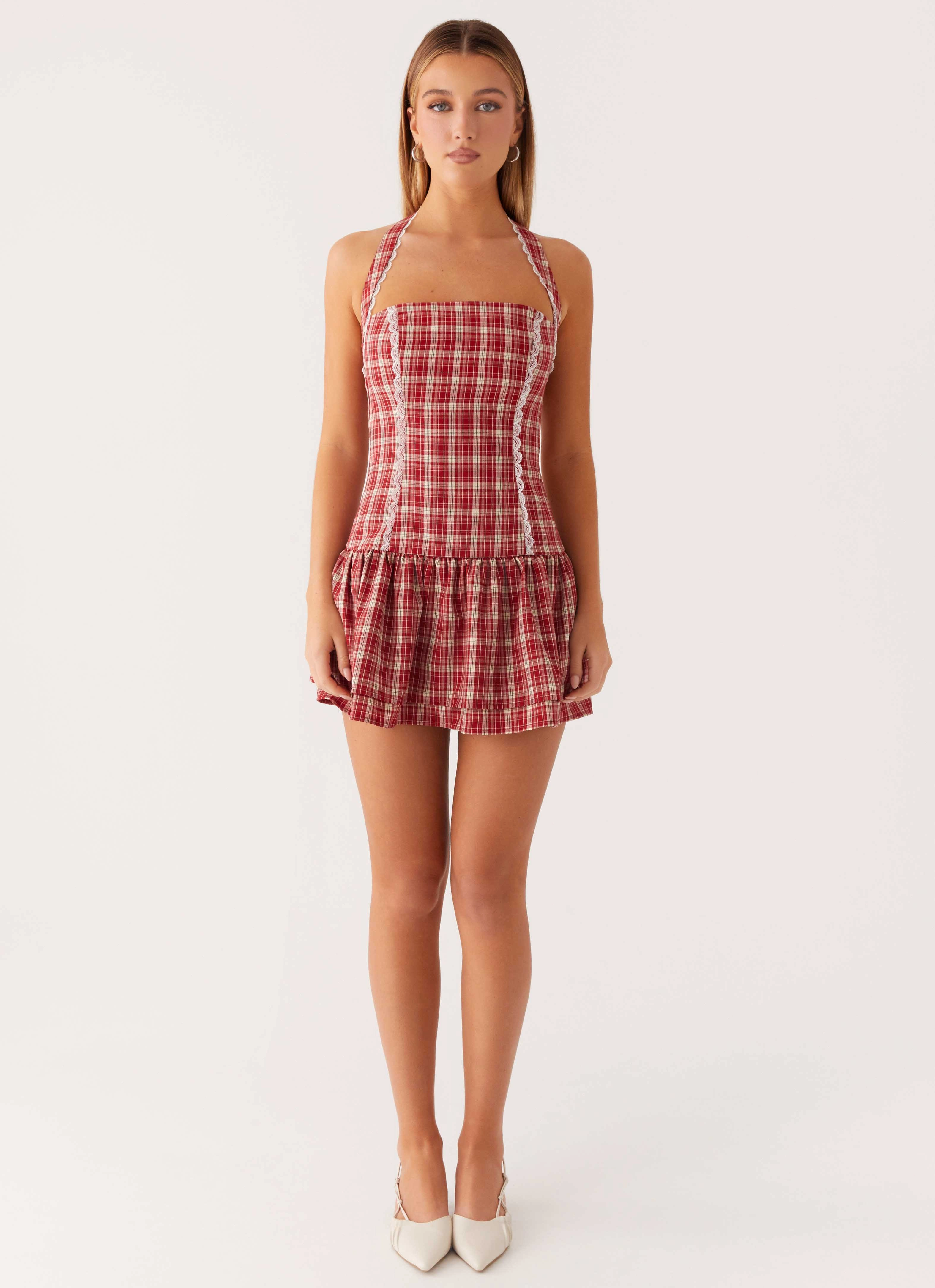 Urban Aesthetic Mood Edge Lotus Dream Mini Dress - Ruby Check