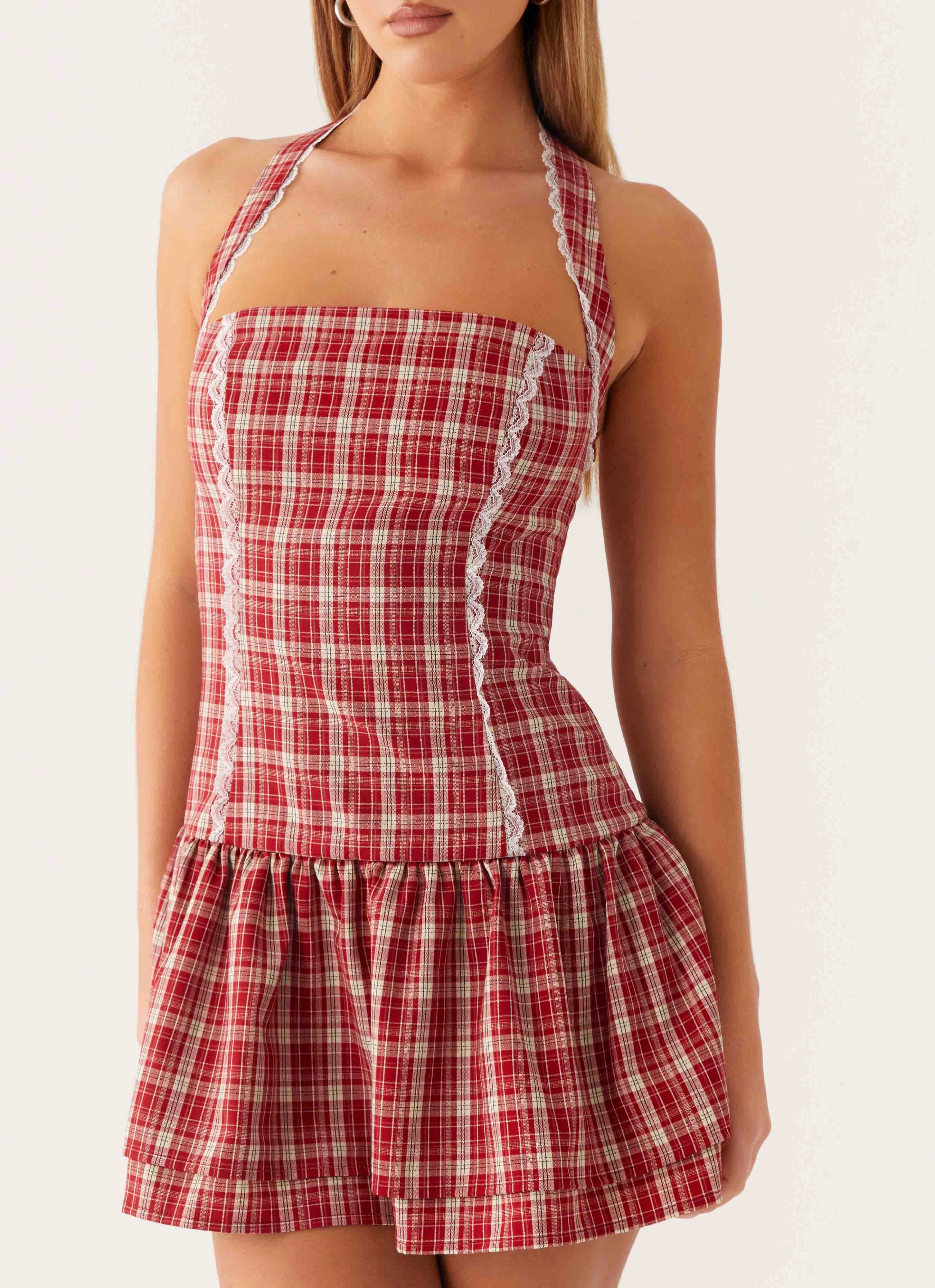 Lotus Dream Mini Dress - Ruby Check Sophisticated Appeal