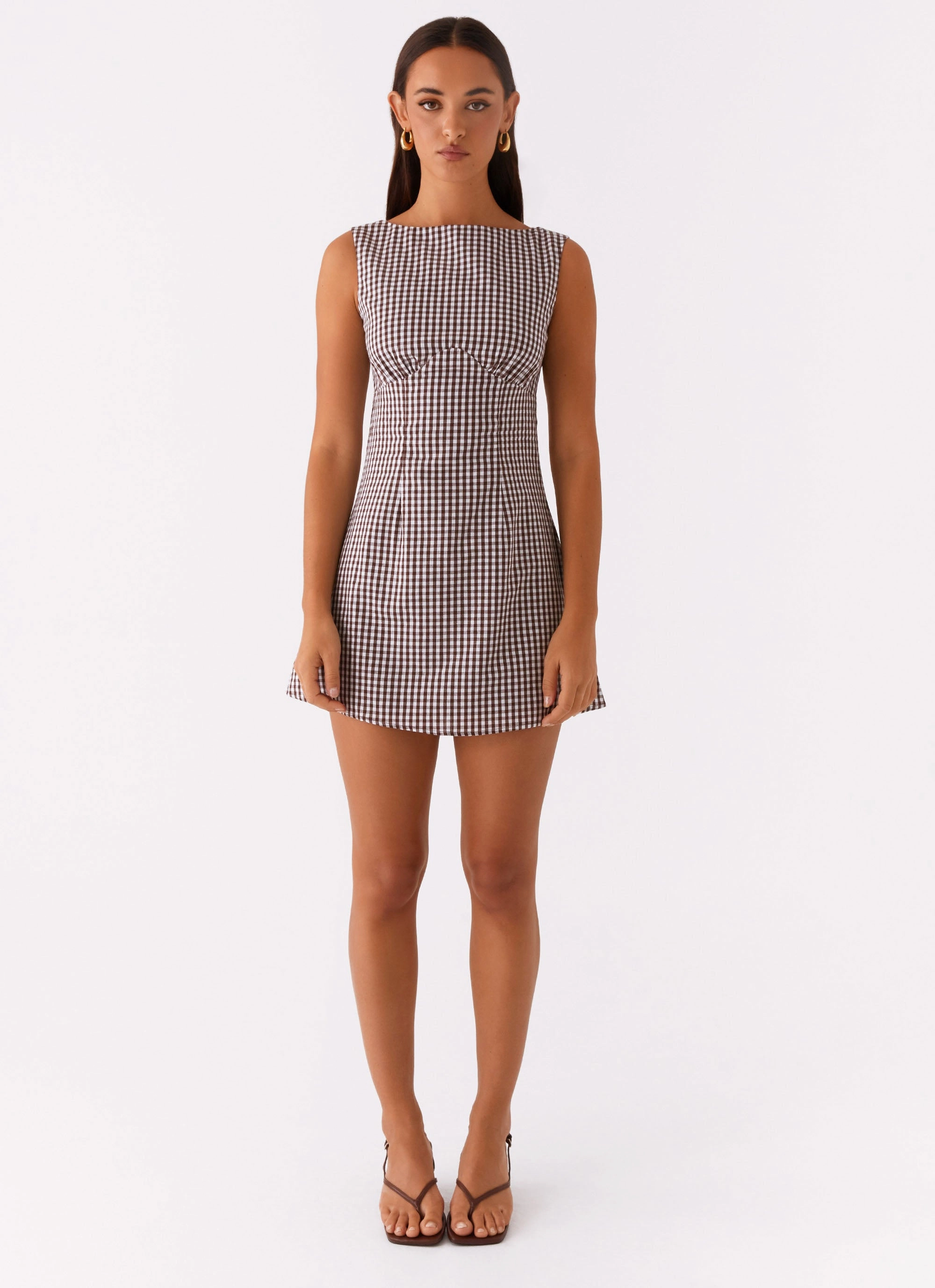 Warm Season Comfortable fit Lotus Tie Back Mini Dress - Chocolate Gingham