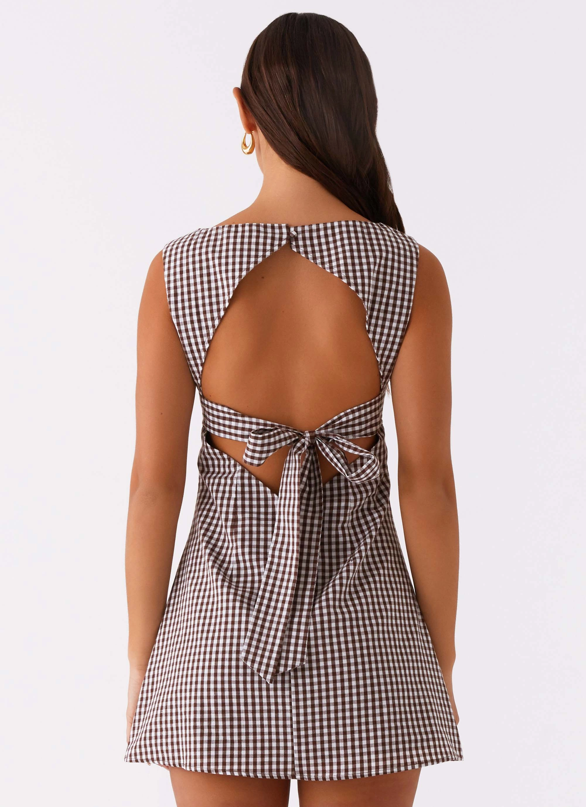 Lotus Tie Back Mini Dress - Chocolate Gingham Elegant Comfort Effortless Wear