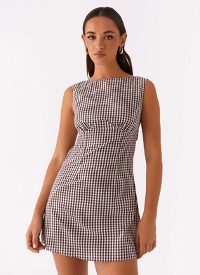Lotus Tie Back Mini Dress - Chocolate Gingham Chic Minimal Front Detail Lotus Tie Back Mini Dress - Chocolate Gingham
