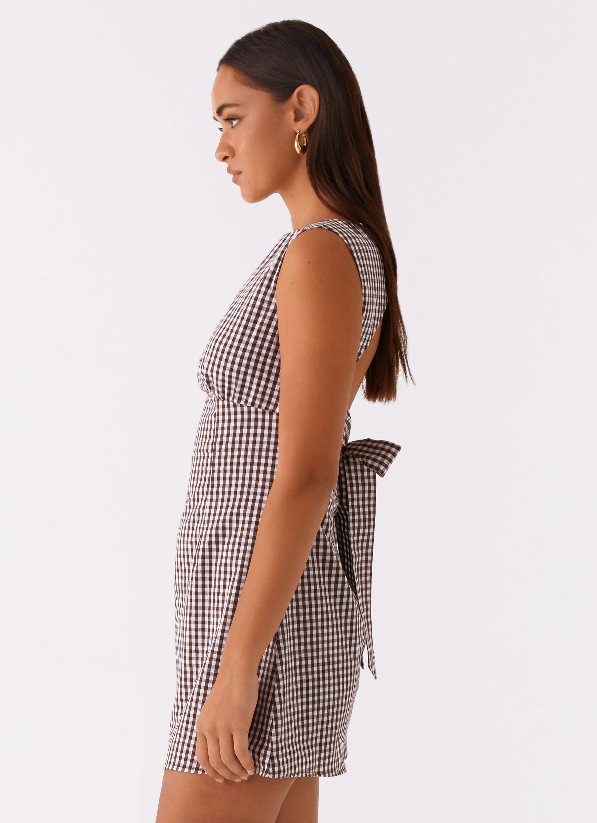 Lotus Tie Back Mini Dress - Chocolate Gingham Flexible Mood Minimalist Design
