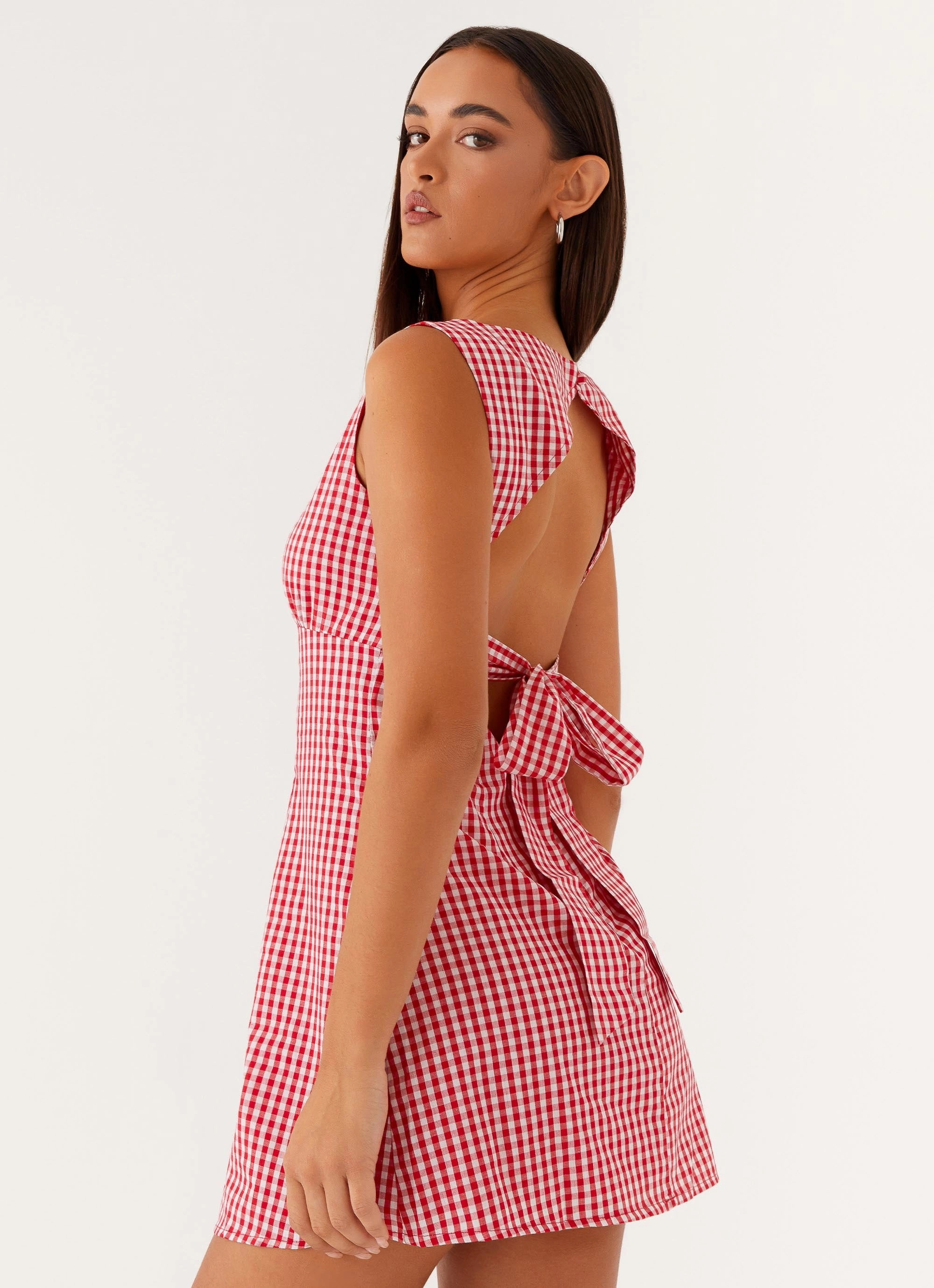 Lotus Tie Back Mini Dress - Red Gingham Lazy Pick
