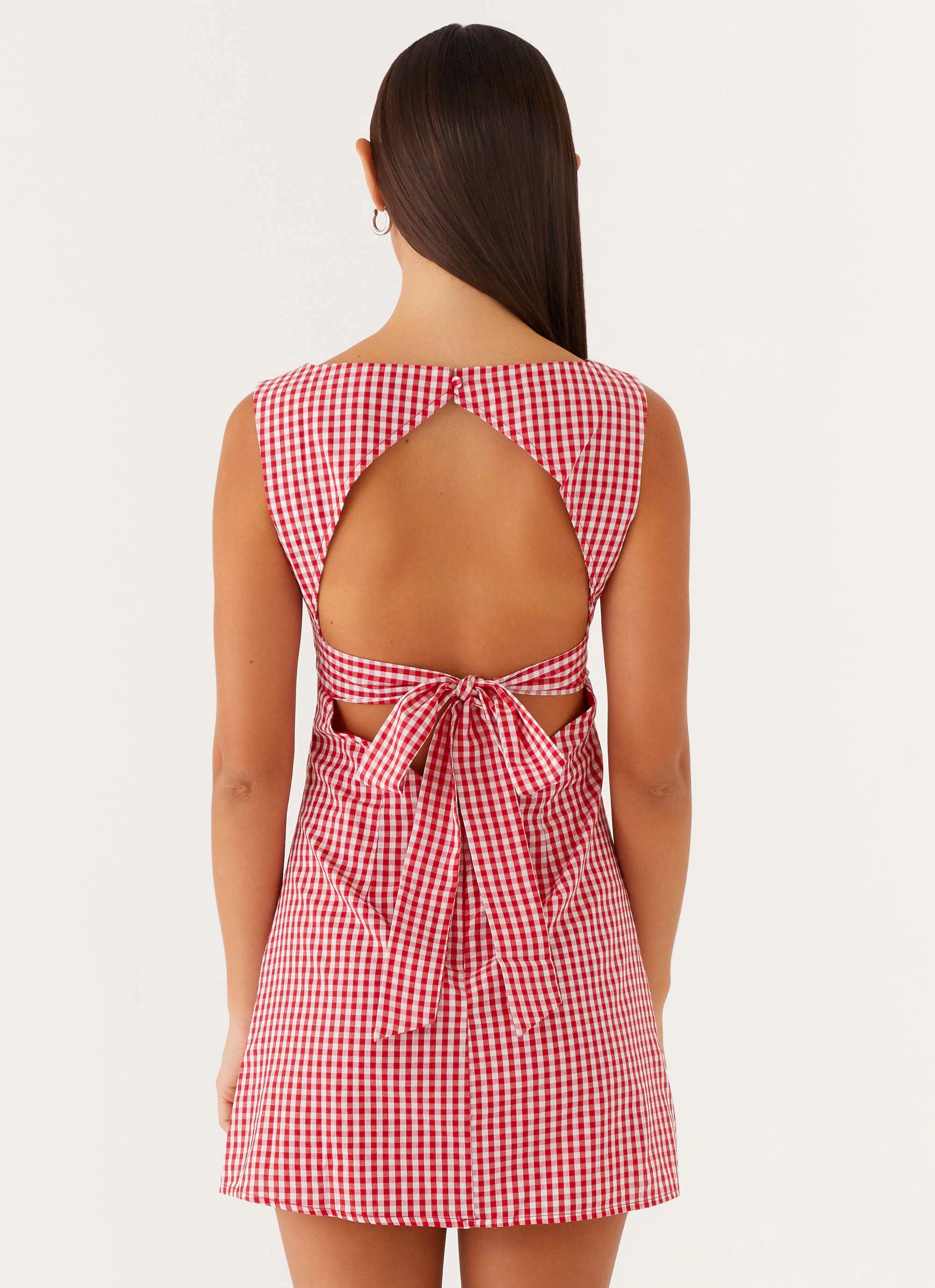 Elastic-Cuff Chic Tailoring Waist Lotus Tie Back Mini Dress - Red Gingham