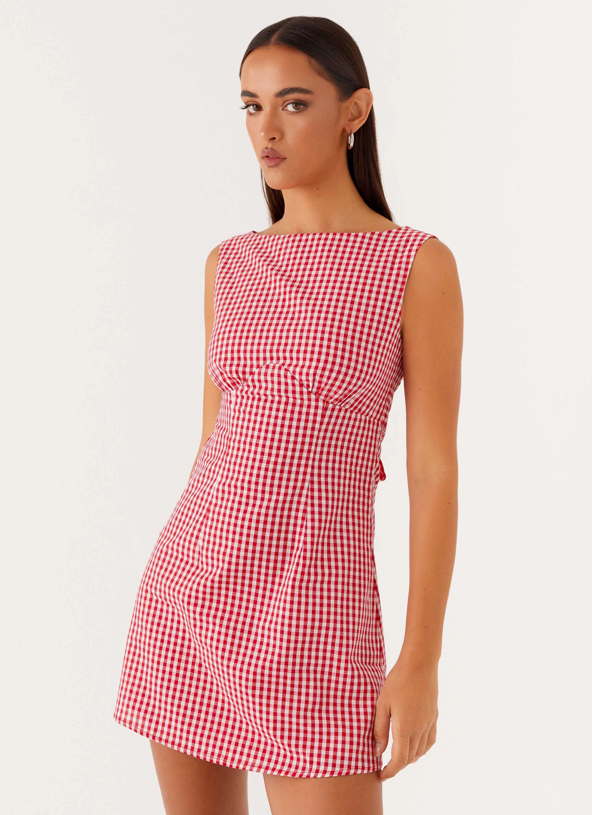 Casual Lines Lotus Tie Back Mini Dress - Red Gingham